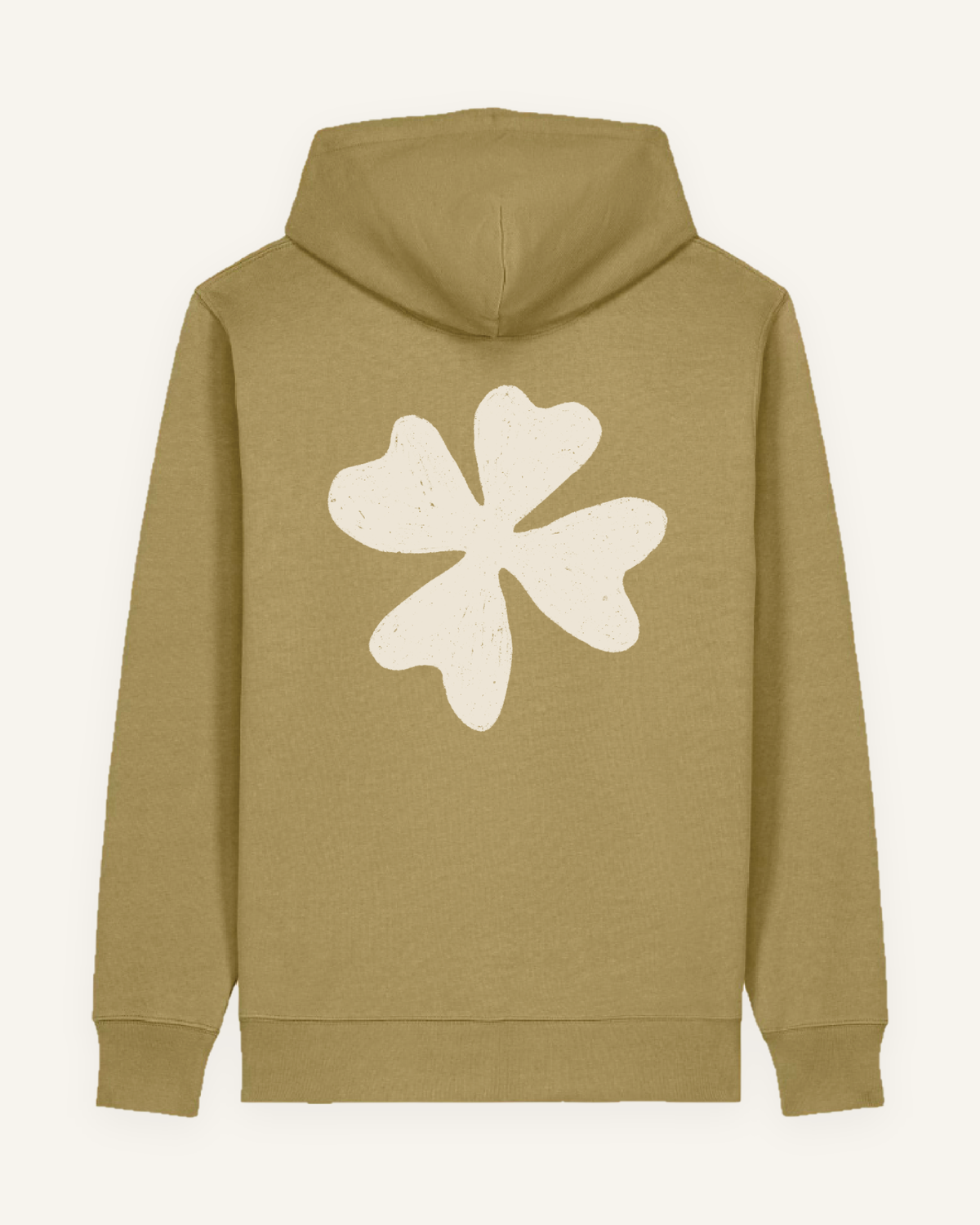 Hoodie ‘Klaver’ olijfgroen, achterkant - De Groene Makers