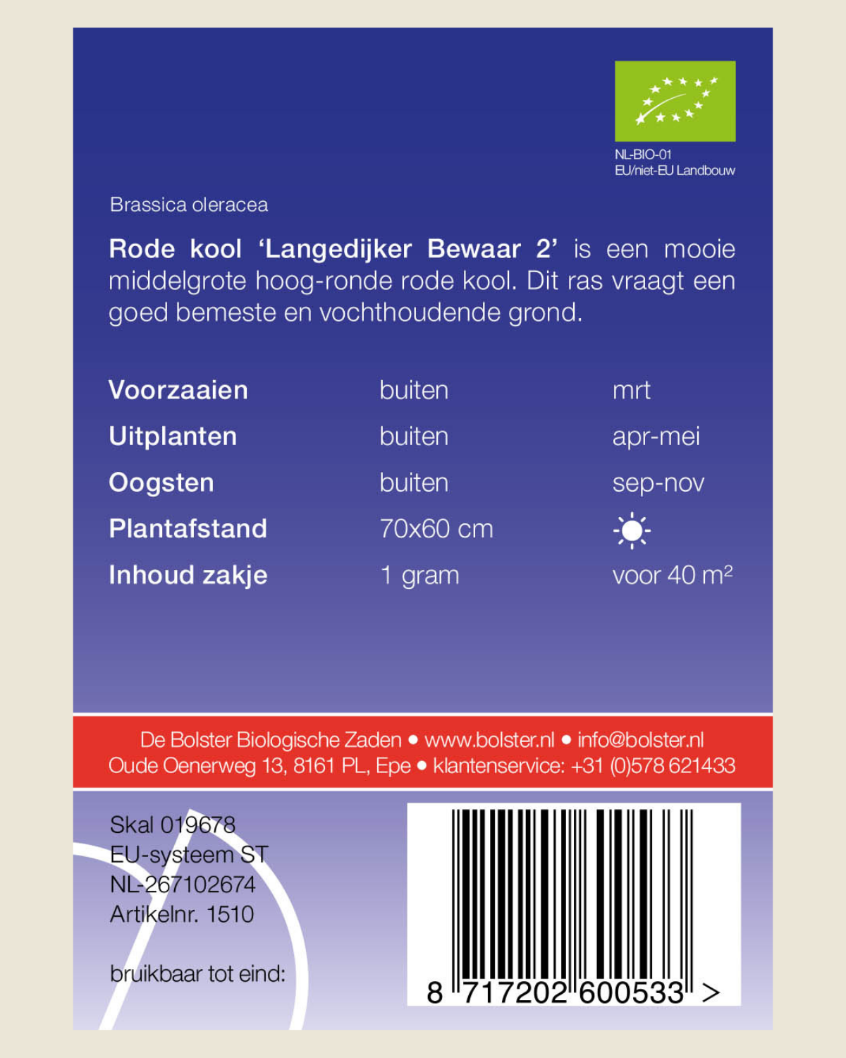 Rode kool 'Langedijker Bewaar 2' BIO