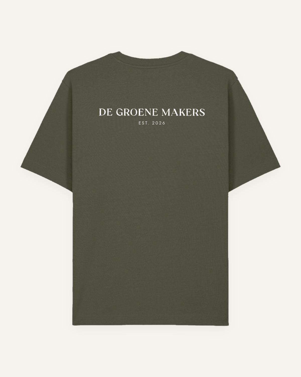 T-shirt ‘Hand, schep, klaver’ kaki, achterkant - De Groene Makers