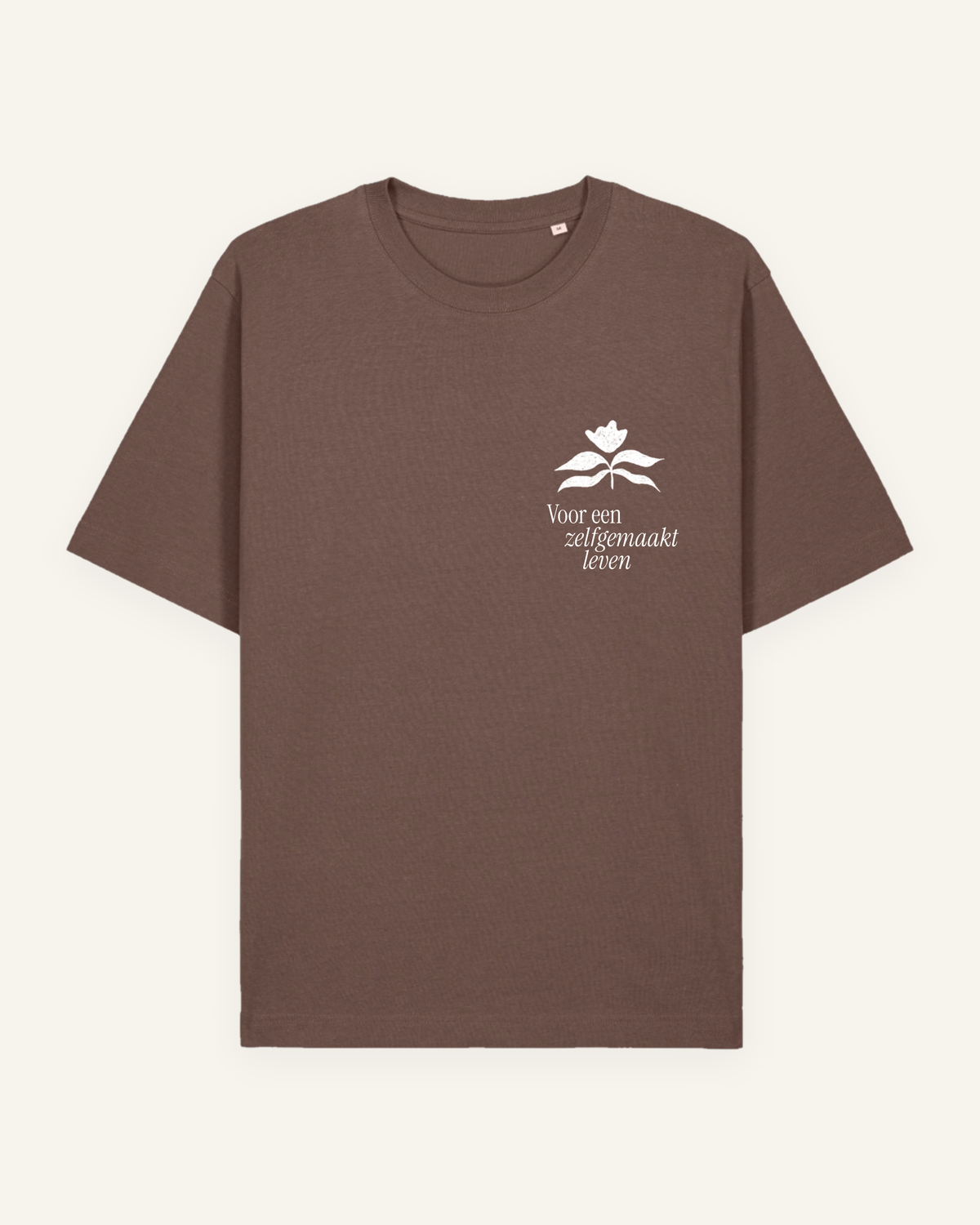 T-shirt ‘Zelfgemaakt leven’ mokka - De Groene Makers