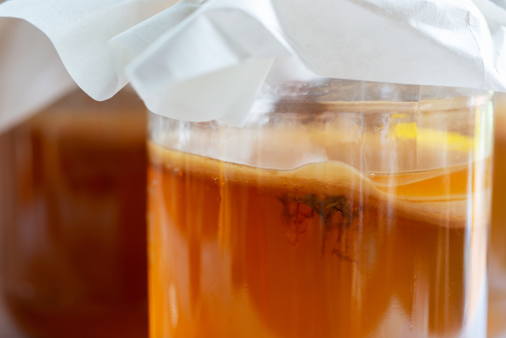 Kombucha die staat te brouwen, waarbij zich een scoby vormt
