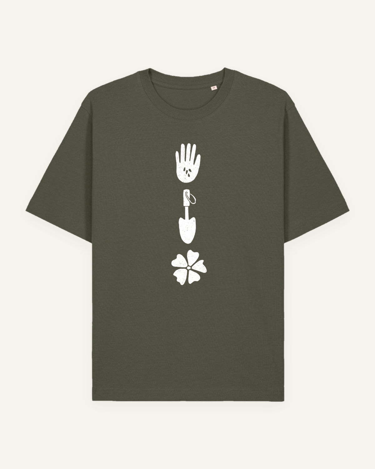 T-shirt ‘Hand, schep, klaver’ kaki - De Groene Makers