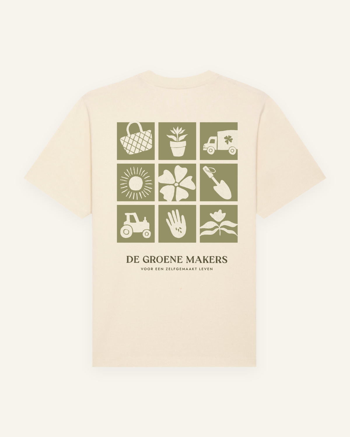 T-shirt ‘Iconen’ naturel, achterkant - De Groene Makers